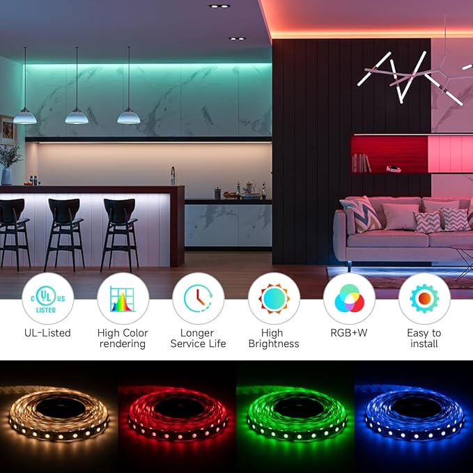BTF-LIGHTING UL Listed RGBW LED Strip Lights,5050 4 Colors in 1 RGB + 2700K-3000K Warm White,24V DC,16.4ft/5m 96LEDs/m 12mm White PCB, IP65 Waterproof for Home Decoration(No Adapter or Controller)