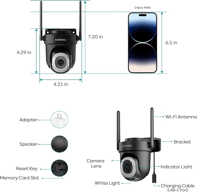 ZUMIMALL 2K Wired Outdoor Camera, 2.4G/5G WiFi Security Camera, 3MP, 24/7 Recording, AI Motion Detection, Cloud & SD Card Storage, 2-Way Audio, 360° PTZ Auto Tracking, Work with Alexa - 2-Pack, Black