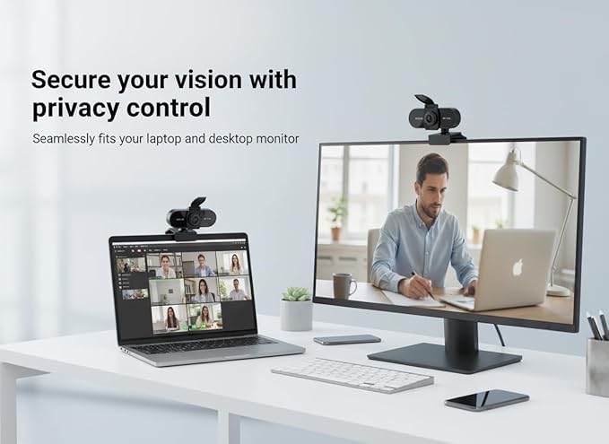 1080P HD Webcam with Microphone, Noise Cancellation, Privacy Cover, Wide-Angle Lens, Auto Light Correction, Plug & Play USB Webcam for Laptop, Desktop, PC, Mac, Zoom, Skype, Streaming (1080p)