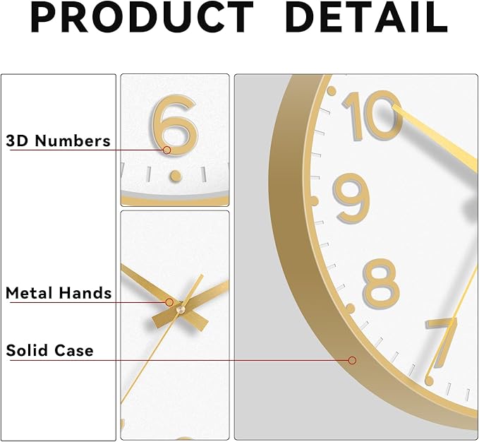 Roymnie Wall Clock, Silent Wall Clocks Battery Operated 8 Inch-Modern Non Ticking Analog Clock Decorative for Kitchen Office Bathroom Bedroom(Gold)