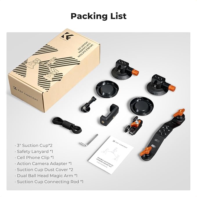 K&F CONCEPT 3" Dual Suction Cup Mount Sets for Camera with 360° Ball Head Heavy Duty Camera Mount for Car Windshield, Hood, Side Panel Compatible with GoPro, DJI, Insta360, DSLRs, Phone