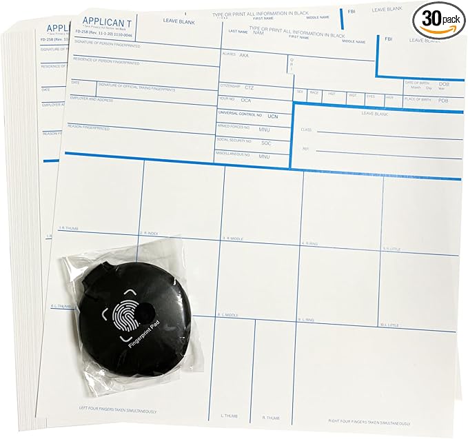 30 Pack FD-258 Fingerprint Kit - Includes Reusable Ink Pad, Instructions, Newest Version (11-1-20) for Fingerprinting SBR & More