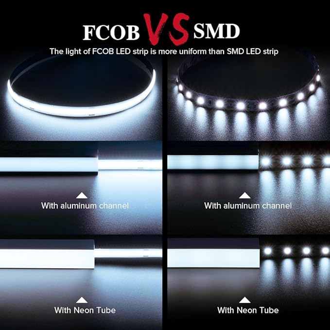 BTF-LIGHTING FCOB COB LED Strip 528LED/m Flexible High Density Uniform Light 14W/m 16.4FT DC12V Daylight White 6000K CRI 90+ 10mm Width for Home Indoor Decoration(No Adapter or Controller)