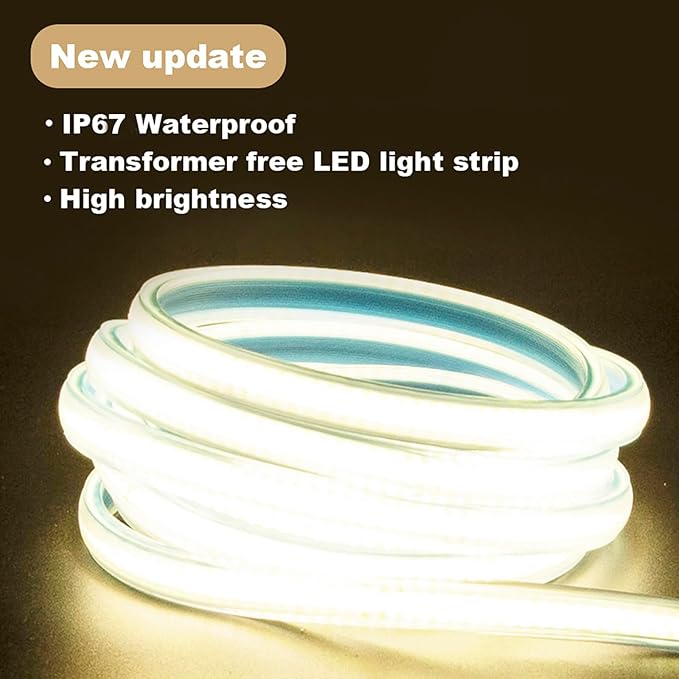 3000K LED Light Strip AC 110V 1M Waterproof Lights 110 Volt Plug-in COB LED Strip Lights 1 Meter Warm White for Outdoor Indoor Kitchen Under Cabinet Lighting (Warm White, 3.28ft)