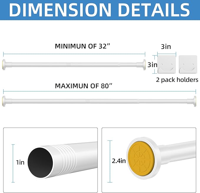CorkLatta White Shower Curtain Rod,1 Inch Diameter Stainless Steel Adjustable Spring Tension Rods 32 to 80",with Holders,Anti-Slip,Curtain Rods No Drilling(1 Pack)