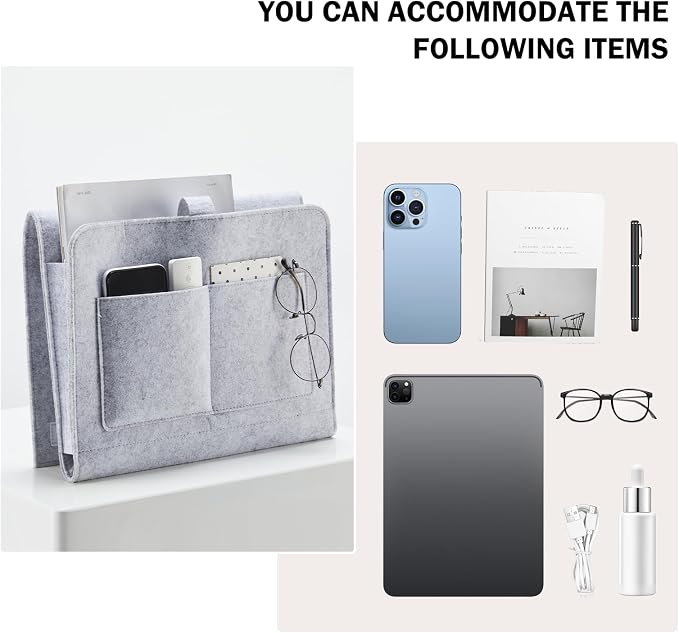 YOUDENOVA Bedside Caddy, Bedside Organizer for Dorm Room, Bunk Bed, Light Grey