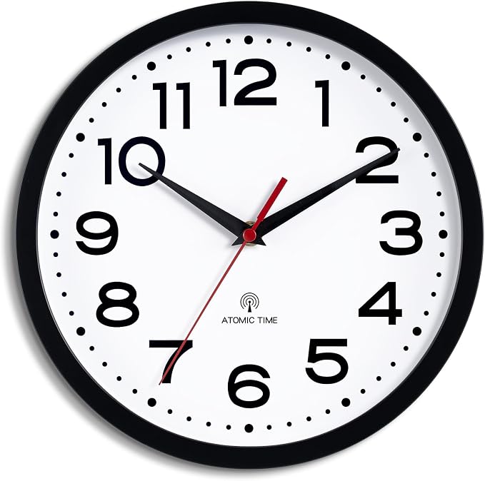 Roymnie Atomic Wall Clock 12 Inch, Modern Clock Battery Operated Classic Analog Decorative for Kitchen, Living Room, Office, Bedroom, Bathroom (Black)