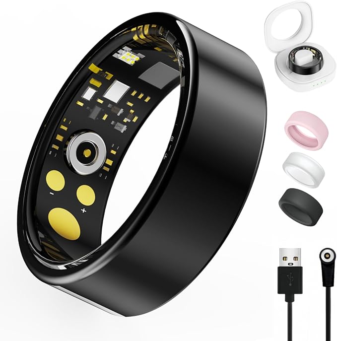 Smart Ring for Women Men, Health Tracker with Heart Rate, Blood Oxygen, Blood Pressure, Sleep Monitor, Step Counting, IP68 Waterproof Fitness Ring, No App Fees for iPhone & Android (Black, 8#)