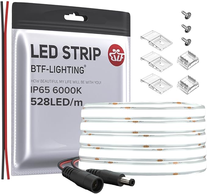 BTF-LIGHTING FCOB COB LED Strip IP65 Flexible High Density Uniform Light 14W/m 16.4FT DC24V Daylight White 6000K 528LED/m CRI 90+ 10mm Width Dimmable LED Ribbon for Decor(No Adapter or Controller)