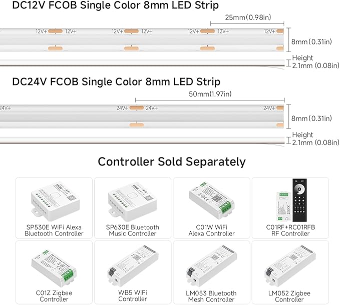 BTF-LIGHTING FCOB IP65 Waterproof Blue Color COB LED Strip 16.4FT DC24V 480LED/m 8mm Width Flexible High Density CRI 90+ Dimmable LED Light for Home Indoor Decor(No Controller or Adapter)