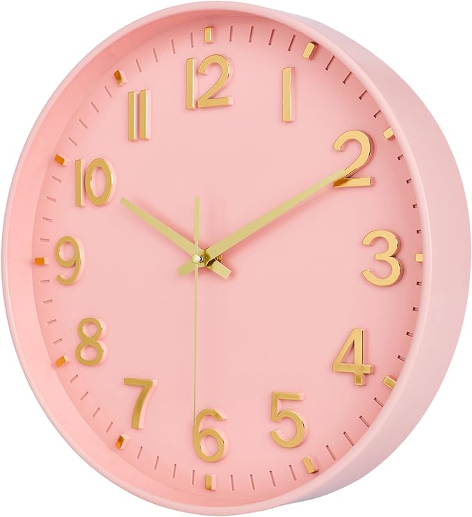 HZDHCLH Wall Clocks Battery Operated,Wall Clock Pink Gold 12 inch Wall Clock Silent Non Ticking Modern 3D Numbers for Office Kitchen Classroom Bedroom Living Room Decor