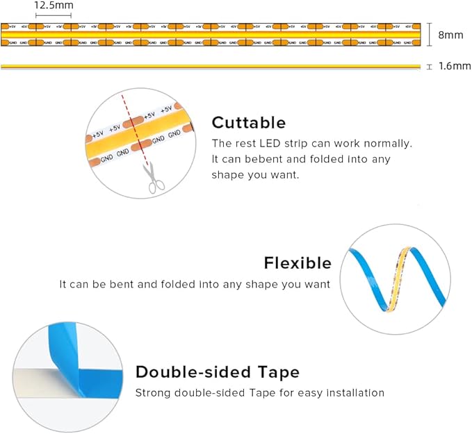 USB LED Light Strip 6.56FT, 5 Volt USB Powered Dimmable COB LED Tape Lights, 3000K Warm White 8mm High Density Flexible Strips CRI90+ for TV Backlight Under Cabinet Lighting Bedroom Kitchen
