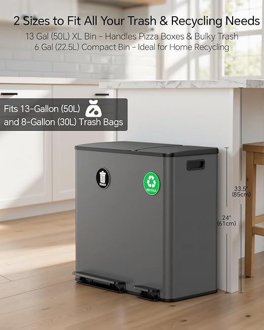 Lovewind Dual Trash and Recycling Bins for Kitchen, 13+6 Gallon Stainless Steel Garbage and Recycle Bin Combo for Large Families, Dual Trash Can with Soft Close Lid & Magnetic Stickers, Grey