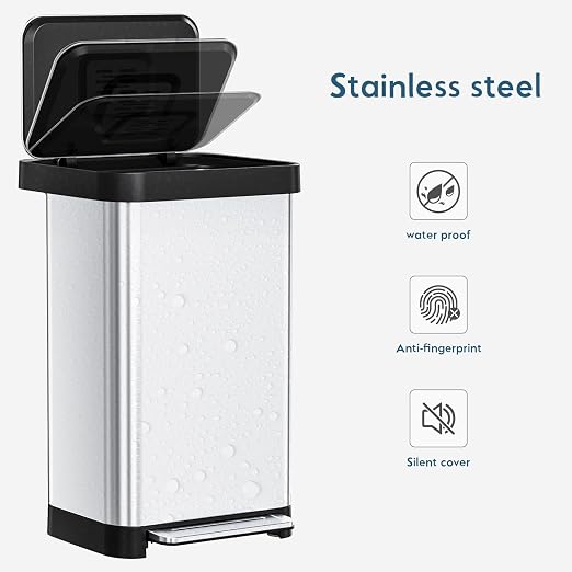 Arlopu 50L/13.2Gal Stainless Steel Trash Can W/15 Inner Bags & Rear Trash Bag Storage Compartment, Kitchen Step Trash Can with Lid & Built-in Deodorizer Box, Garbage Bin W/Foot Pedal (Sliver)