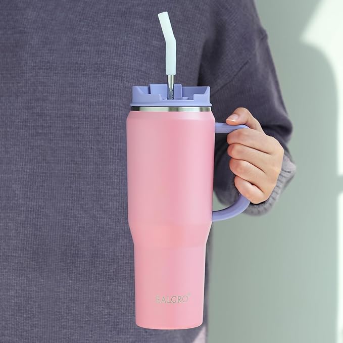 EALGRO 40 oz Tumbler with Handle, Insulated Tumblers with Lid and Straw, Large Metal Sports Water Bottle Jug, Thermal Stainless Steel Travel Coffee Mug Cup, Blush
