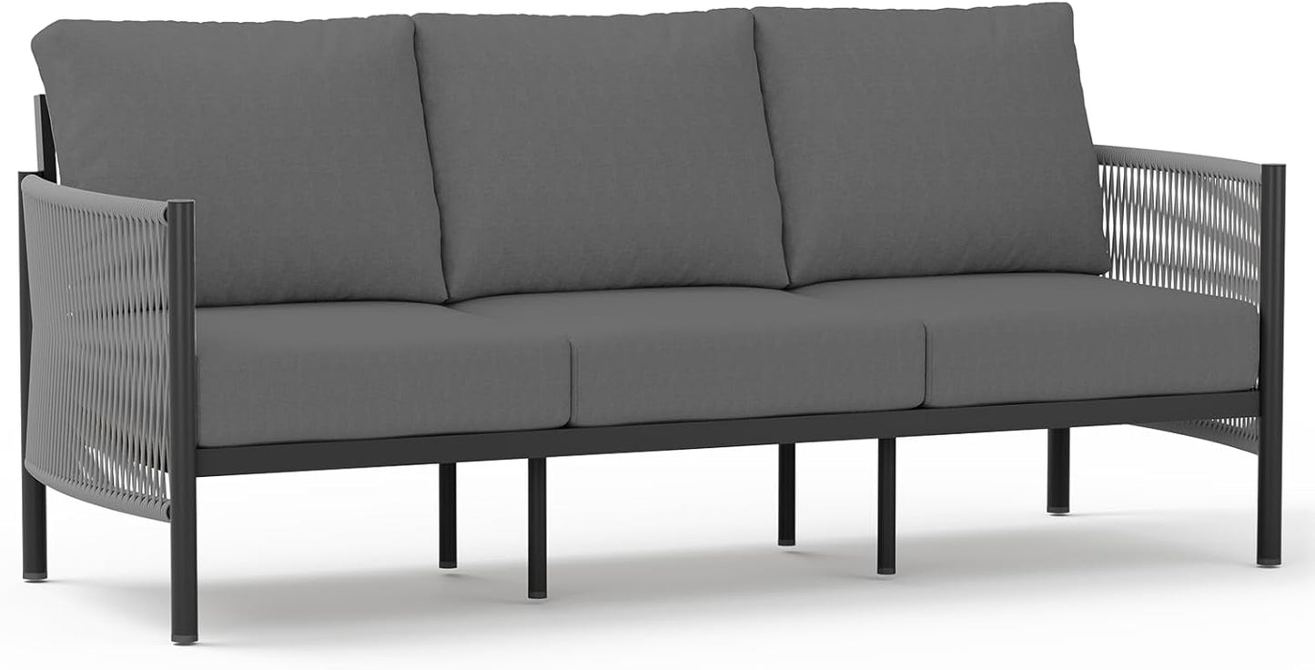 Aluminum Outdoor Patio Couch, 3 Seats HDPE Rope Patio Sofa with Washable Thick Cushion, All-Weather Patio Furniture for Balcony, Yard, Gray Frame, Charcoal