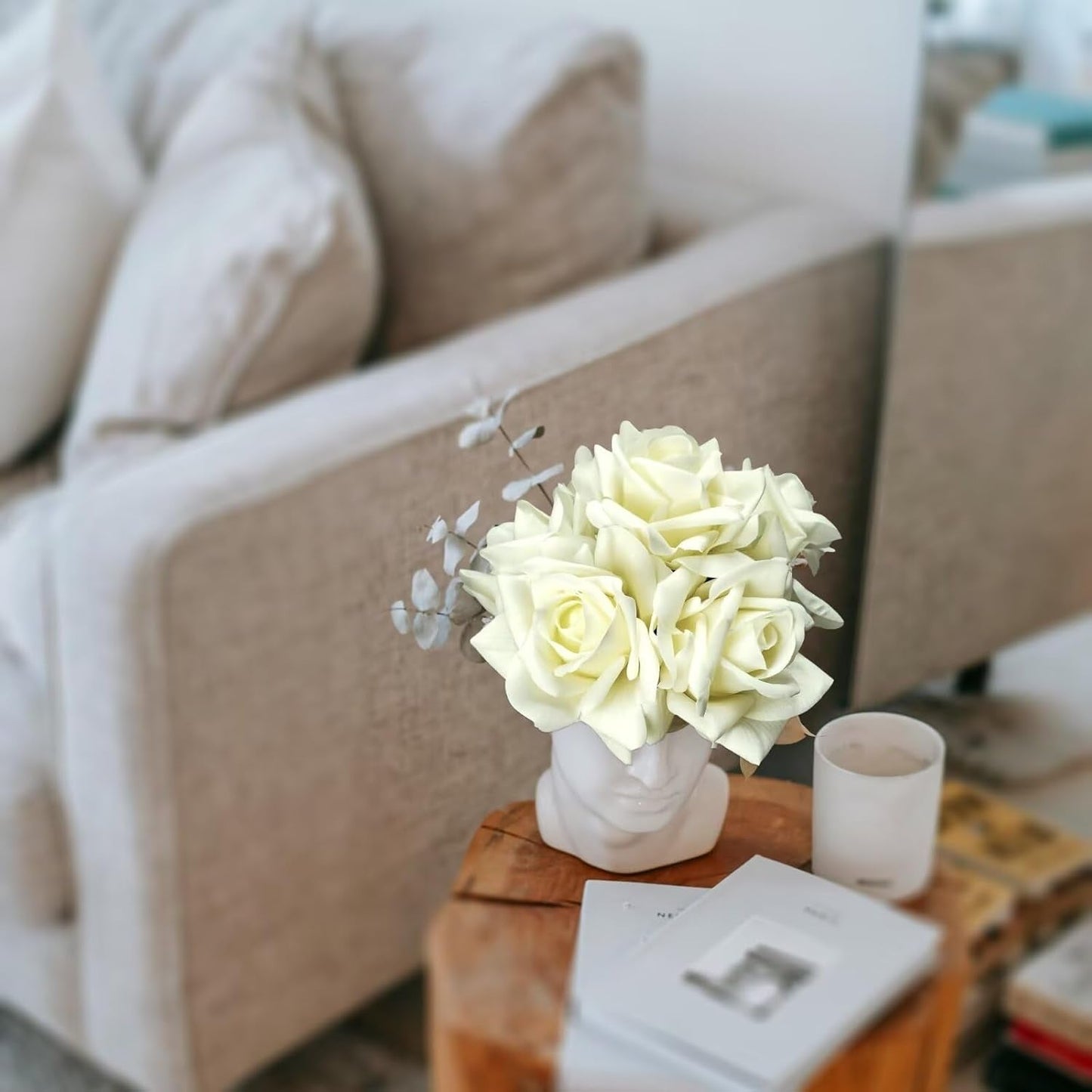 Artificial flower real touch roses feel and look realistic fake roses with short stems, suitable for gift, for wife girlfriend mom friends, Indoor home table，cake, hotel, car decoration (white)