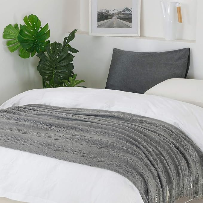BOURINA Throw Blanket Textured Solid Soft Sofa Throw Couch Cover Knitted Decorative Blanket, 60 inch x 80 inch Dark Grey
