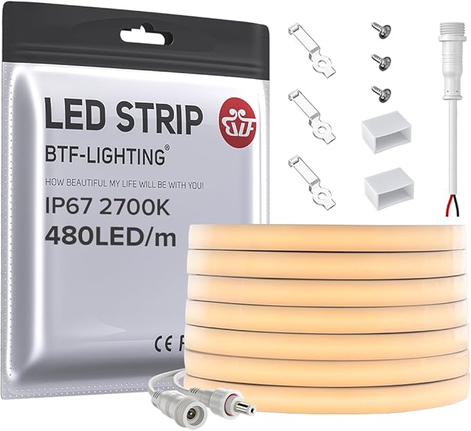 BTF-LIGHTING FCOB COB LED Strip IP67 Waterproof Flexible High Density Uniform Diffused Neon Light 16.4FT DC24V Warm White 2700K 480LED/m CRI 90+ for Indoor Decor(No Adapter or Controller)