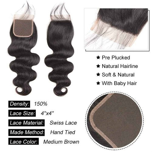 Aopusi Bundles with Closure Body Wave Bundles with Closure Weaves 4×4 Free Part Lace Closure with 3 Bundles 100% Brazilian Virgin Remy Human Hair 150% Density Natural Color (14 16 18+12 Inch)