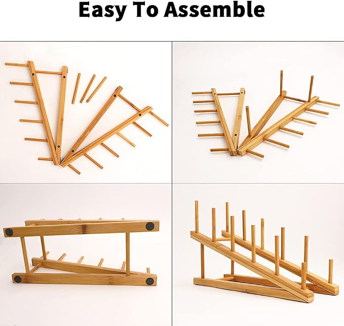 4 PCS Wooden Dish Drying Rack Bamboo Plate Dish Rack Stand Kitchen Cabinet Organizer Pot Lid Holder for Plate, Dish, Cup, Cutting Board, Bowl, Pot Lid