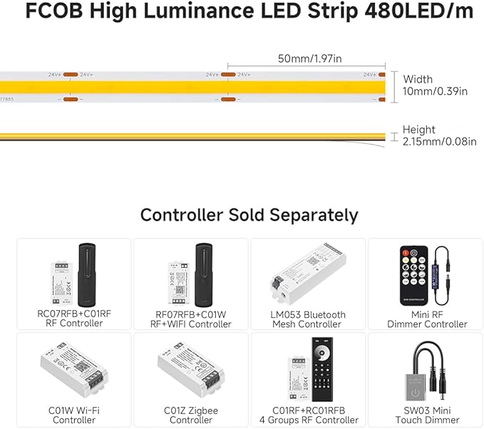BTF-LIGHTING FCOB COB LED Strip 6000K 596+LM/FT Super Bright UL Listed DC24V 32.8FT 480LED/m 10mm Width Flexible High Density CRI 90+ Dimmable LED Light for Home Indoor Decor(No Controller or Adapter)