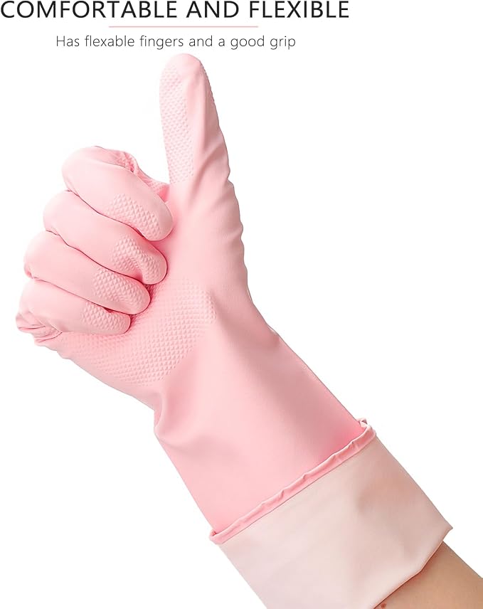 3 Pairs Rubber Cleaning Gloves Latex Free Dishwashing Gloves - 13" Reusable Nitrile Gloves Small, Green+Pink+Red
