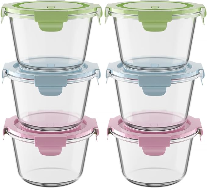 16oz Glass Meal Prep Containers with Lids, Airtight 2 Cup Glass Food Storage Containers Set, Heat-Resistant BPA-Free Container for Soup, Leftovers, Microwave, Oven, Dishwasher & Freezer Safe (6 Packs)