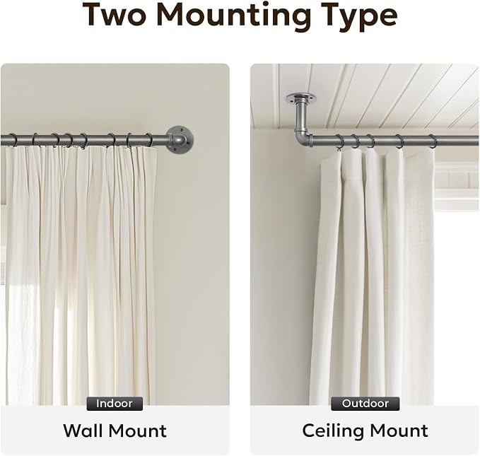 Zeerobee Curtain Rods for Windows 32 to 72, 1 Inch Industrial Wrap Around Grey Curtain Rod, Indoor/Outdoor Room Divider Adjustable Drapery Pole, 32"-72"