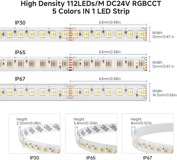 BTF-LIGHTING Highest Density RGBCCT 5 Colors in 1 LED 5050SMD RGB+ Tunable Color Temperature 2700K-6500K 16.4ft 112LEDs/m DC24V Multi-Colored IP67 14mm Width White LED Tape(No Adapter or Controller)