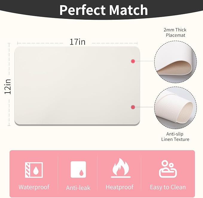 Maxpearl Faux Leather Placemats Set of 8 - Waterproof - Wipe Clean - Heat Resistant - Non Slip Dining Table Place Mats, Suitable for Indoor & Outdoor Use, 17’’x12’’, Ivory White