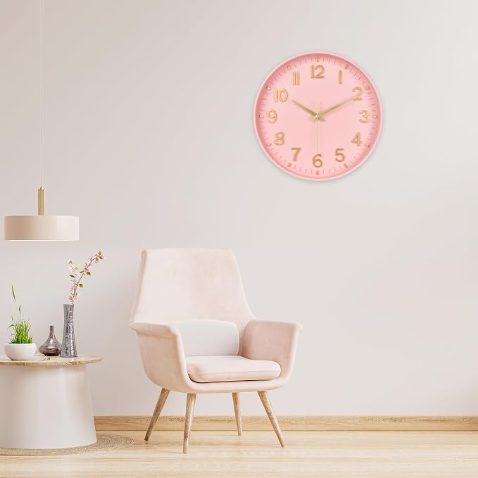 HZDHCLH Wall Clocks Battery Operated,Wall Clock Pink Gold 8 inch Wall Clock Silent Non Ticking Modern 3D Numbers for Office Kitchen Classroom Bedroom Living Room Decor
