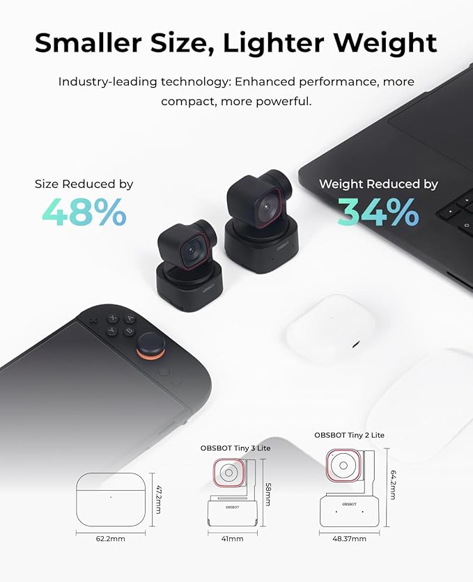 OBSBOT Tiny 3 Lite AI-Powered Spatial Audio 4K Webcam, 1/2" Sensor Tri-Mic Voice Control Gesture Control HDR Webcam for PC Laptop Zoom Meeting, W Smart Remote 2