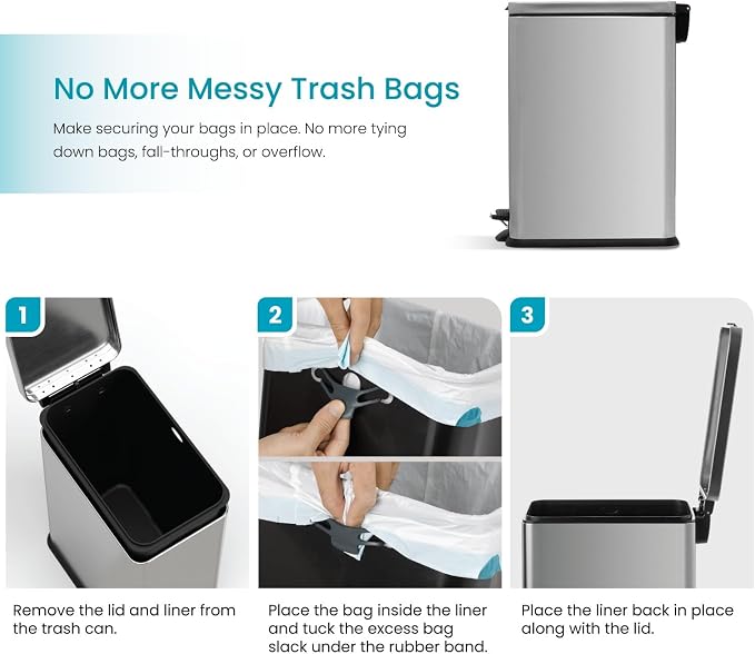 Home Zone Living 8 Gallon Kitchen Trash Can with Slim Fit Design | Stainless Steel with Soft-Close Step Pedal Lid, Bag Tuck Band for Easier Bag Changes, Rectangular Shape, Silver