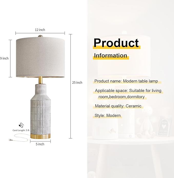 USumkky 25" Modern Ceramic Lamps Single Table Lamp for Living Room Bedroom Farmhouse Nightstand Bedside Lamps
