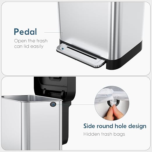 Arlopu 50L/13.2Gal Stainless Steel Trash Can W/15 Inner Bags & Rear Trash Bag Storage Compartment, Kitchen Step Trash Can with Lid & Built-in Deodorizer Box, Garbage Bin W/Foot Pedal (Sliver)
