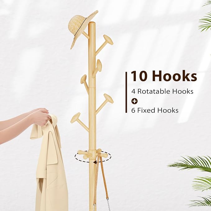 Taitiy Solid Wood Coat Rack Freestanding Coat Tree with 10 Hooks for Bedroom, Livingroom, Entryway, Sturdy Coat Hanger Stand for Hats, Coats, Scarves, Handbags, Purses