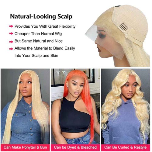 BINF 613 Blonde Lace Front Wig - Human Hair, 13x4 Straight, Pre-Plucked, 28 Inch, 180% Density, Glueless Bleached Knots