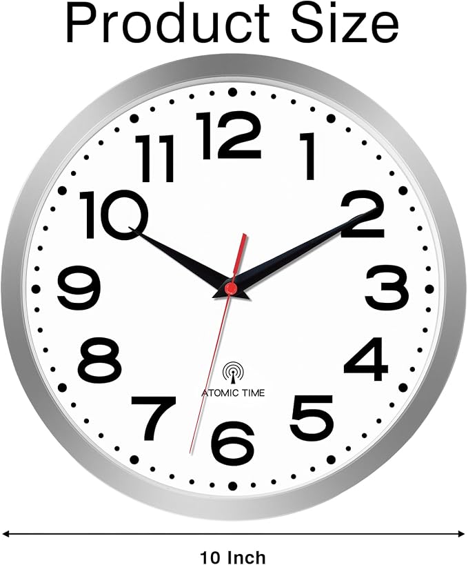 Roymnie Atomic Wall Clock 10 Inch, Modern Clock Battery Operated Classic Analog Decorative for Kitchen, Living Room, Office, Bedroom, Bathroom (Silver)