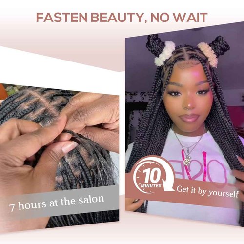 QUISDUIS 36 Inch Full Lace Braided Wigs for Black Women, 360° HD Single-layer Square Knotless Box Braid Wig with Baby Hair Handmade Synthetic Hair Blended Lace Front Wig Natural Black