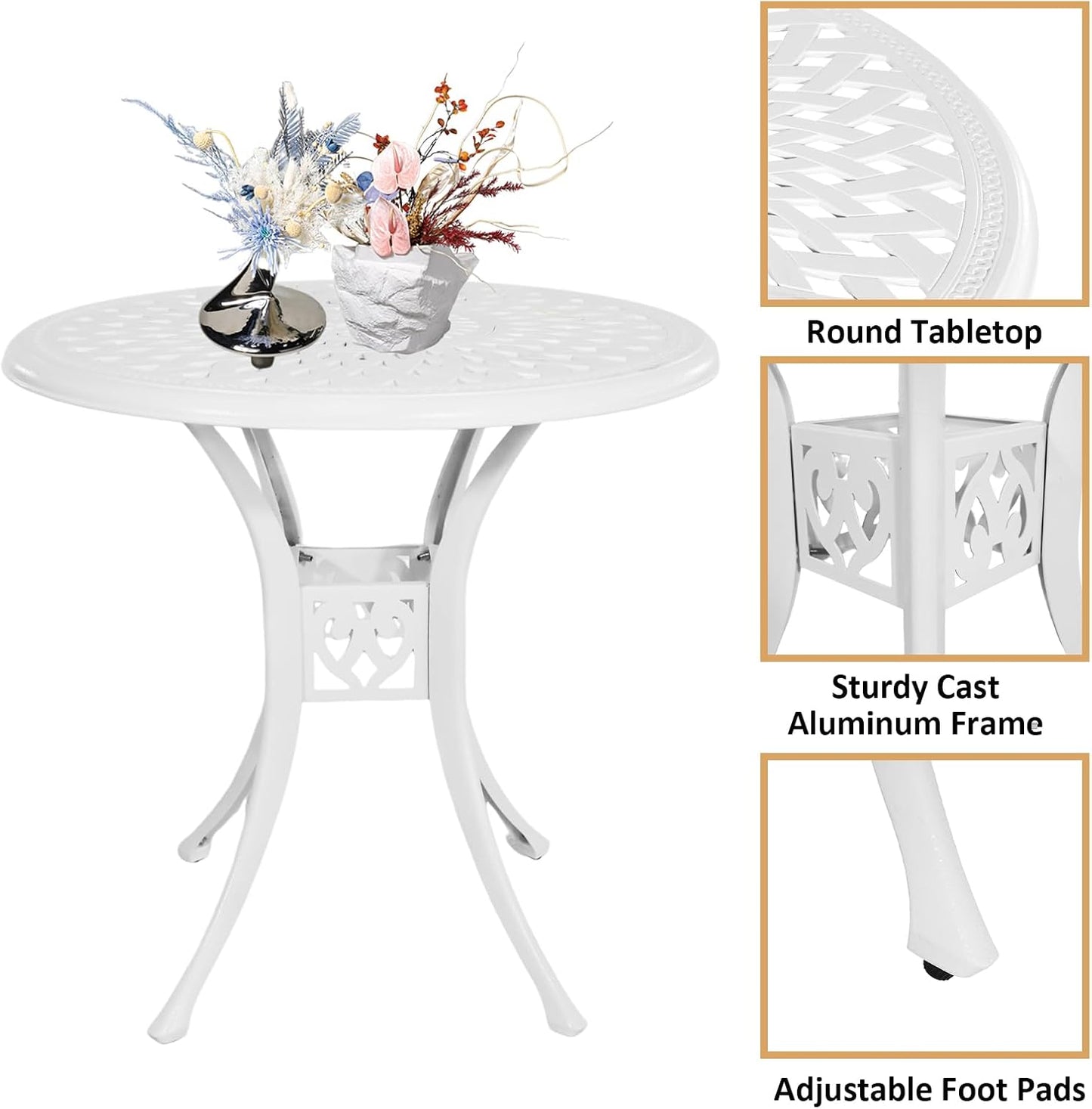 30 inches Patio Table with Umbrella Hole, Round Cast Aluminum Bistro Table for Porch Backyard, White