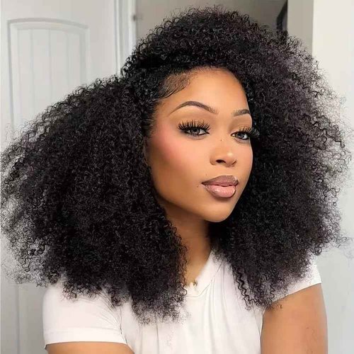 Kinky Curly Half Wig Human Hair 200% Density 3 In 1 Seamless Clip Ins Flip Over Half Wig Wear and Go Glueless Wigs Human Hair for Women Drawstring Headband Wig Beginner Friendly (Black, 20 Inch)