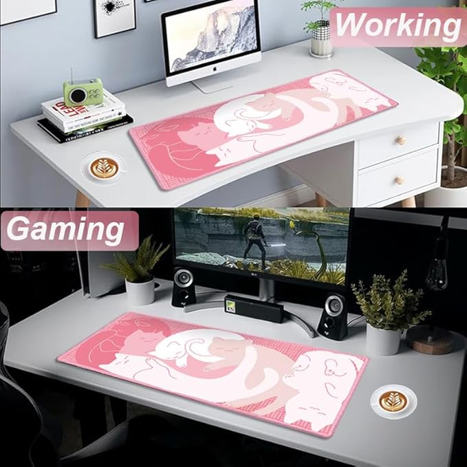 Gaming Mouse Pad XL Extended Anime Mouse Pad 31.5x11.8 inch, Large Cute Kawaii Big Computer Mouse Mat Desk Pad with Non-Slip Rubber Base and Stitched Edge for Home Office-Pink Cat
