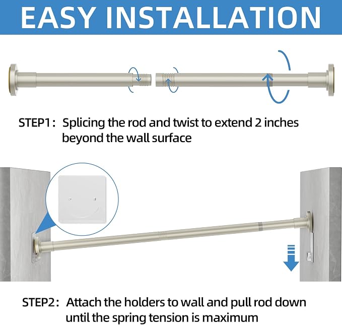 CorkLatta Nickel Shower Curtain Rod,1 Inch Diameter Stainless Steel Adjustable Spring Tension Rods 32 to 92",with Holders,Anti-Slip,Curtain Rods No Drilling(1 Pack)