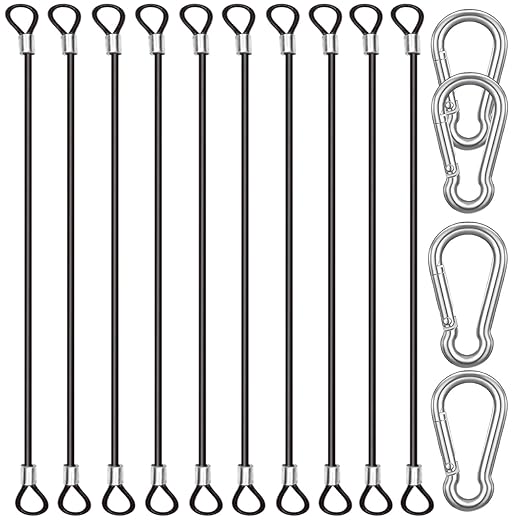 10 Pack 16 Inch(40cm) Stainless Steel Tethers with 4 Pcs Spring Snap Hook Clips, Steel Wire Cable with Loops Vinyl Cover Coated Short Rope Lanyard Lock Tether Chains, Black