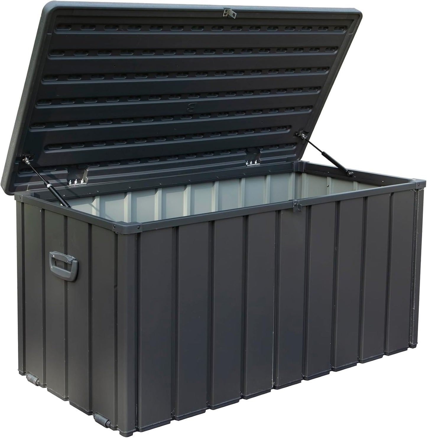 KUIKUI 100 Gallon Deck Box Waterproof, 100 Gallon Outdoor Storage Box, Metal Deck Box Waterproof for Pool Patio Cushions and Sports Pools Equipment, Dark Gray