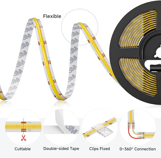 BTF-LIGHTING FCOB COB LED Strip CCT Tunable 3000K-6000K,UL Listed DC24V 32.8FT CRI 90+ Dimmable LED Tape Lights,640LEDs/m Dotless for Bedroom Kitchen Indoor Decor(No Adapter or Controller)
