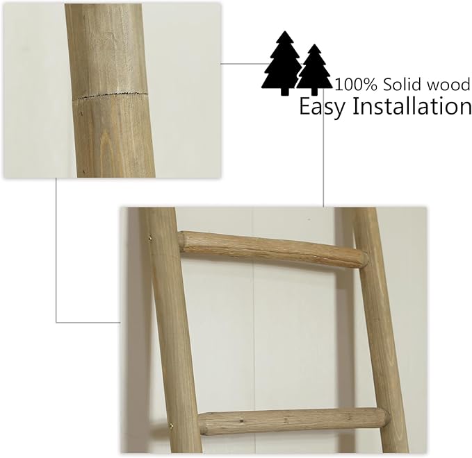 Wooden Blanket Ladder - 76in Natural & Motley Wood - Leaning Wall Decor for Bedroom, Bathroom, Living Room - Rustic Quilt Holder & Towel Rack (Natural Wood Color, 76in | Pre Assembled)