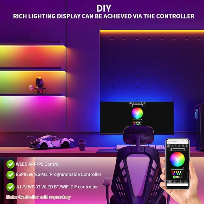 WS2812B IC RGB 5050SMD ECO Individual Addressable LED Strip Light, 3.2FT 144LED/m Flexible Full Color IP30 DC5V White PCB for DIY Project (No Power Adapter or Controller)
