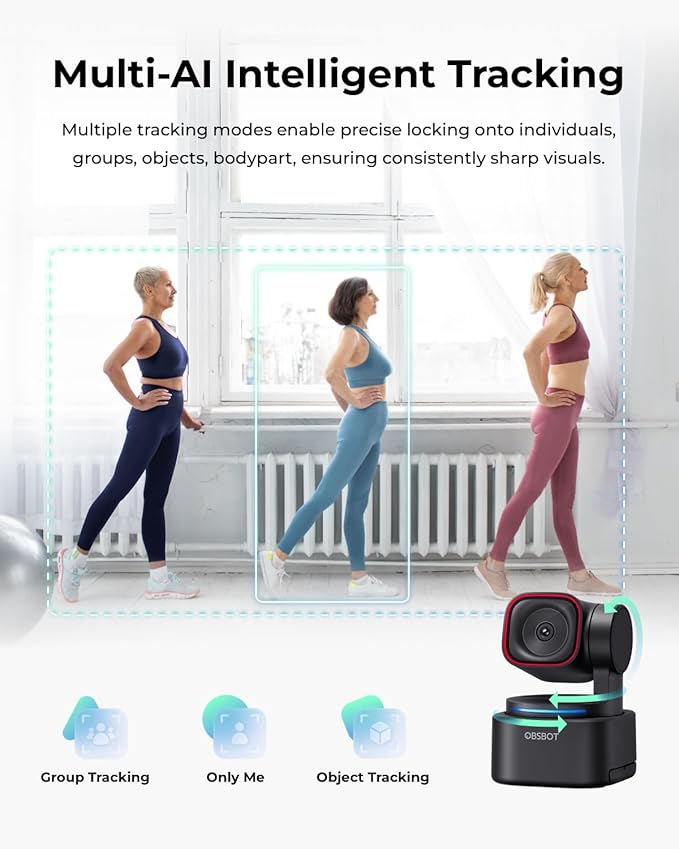 OBSBOT Tiny 3 Lite AI-Powered Spatial Audio 4K Webcam, 1/2" Sensor Tri-Mic Voice Control Gesture Control HDR Webcam for PC Laptop Zoom Meeting, W Mini Tripod